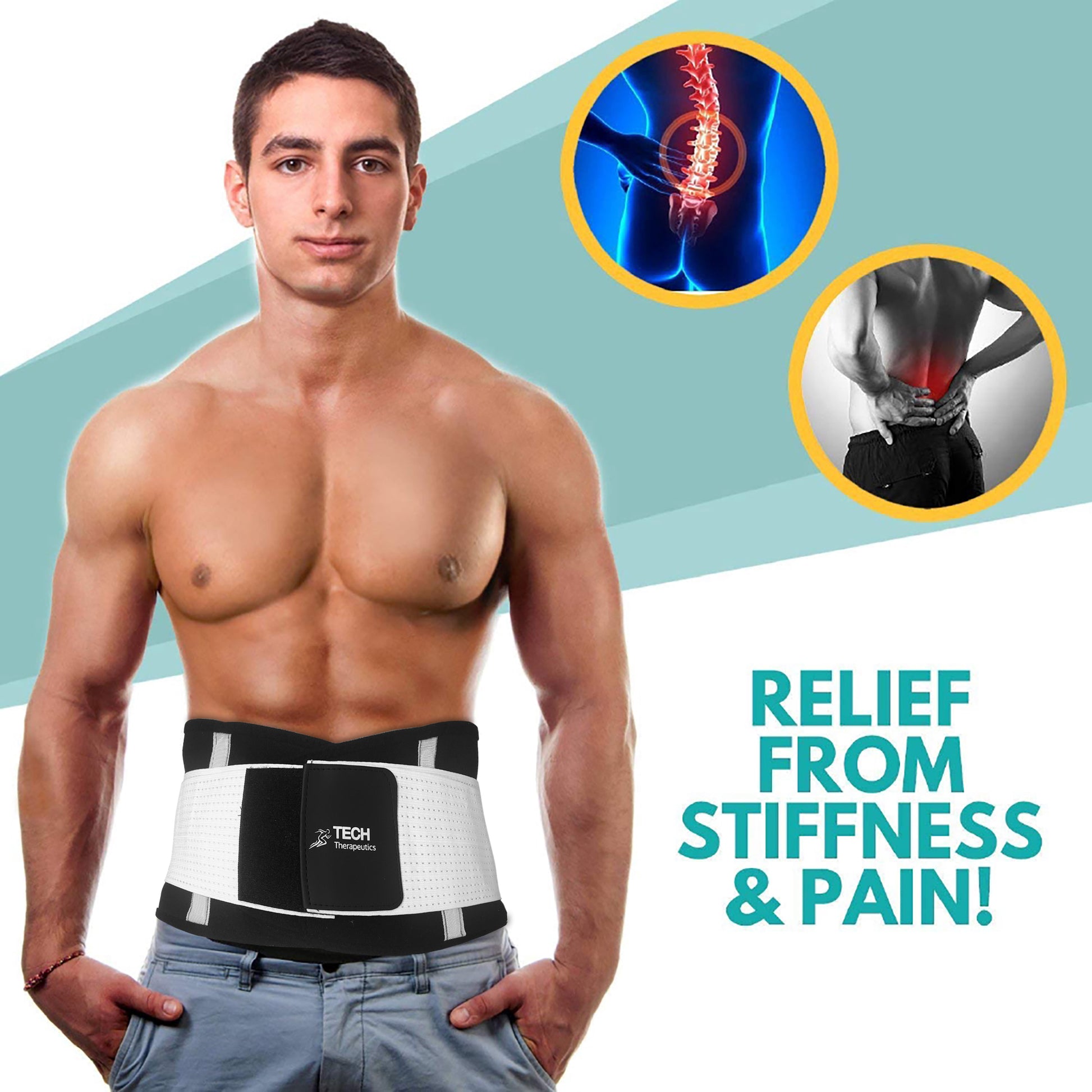 Back Lumbar Support Belt Brace, back pain, lumbar pain product pain relieve Tech Therapeutics. Magnet Therapy solution. Back Support. Relieve back muscle tension.