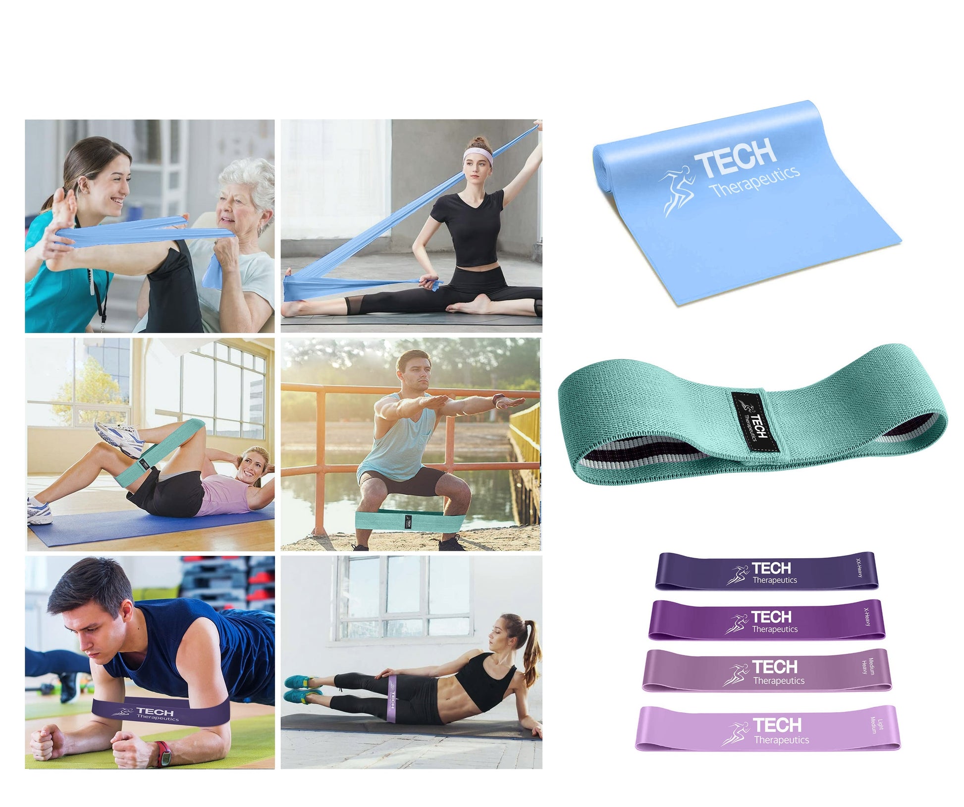 Elastic Fitness Bands Kit. Resistance Bands. Complete Home Gym Kit with 4 Loop Bands, 2 Cloth Resistance Bands Tech Therapeutics